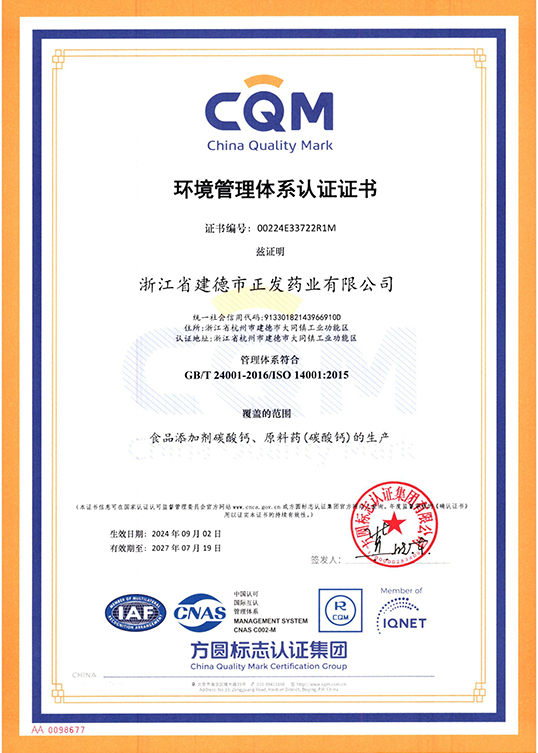 Environmental Management System Certification Certificate
